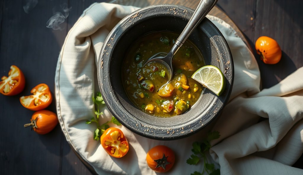 Salsa verde asada made from charred tomatillos in a dark molcajete, vivid olive-green color, charred tomatillo halves and discarded husks on a blackened sheet pan beside it.