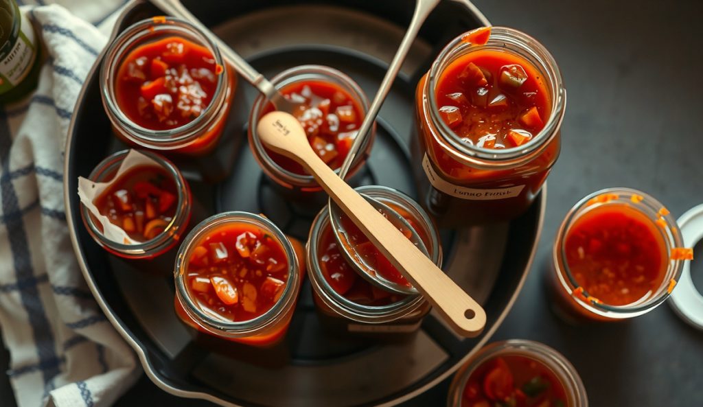 Smoked tomato salsa being water-bath canned: sealed half-pint mason jars dripping in a canning rack, open jars being filled by ladle, bottled lime juice beside them for pH safety.