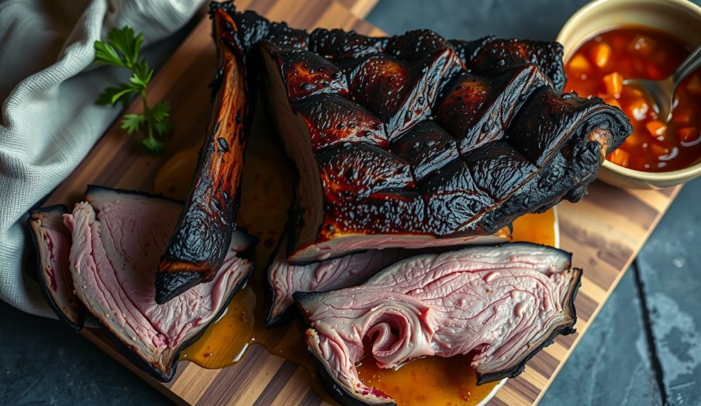 Sliced Santa Maria tri-tip on a weathered butcher block, showing blistered live-coal char crust, pale pink interior at each cross-grain slice, garlic salt bark, and juice pooling between slices