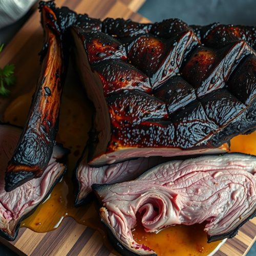 Sliced Santa Maria tri-tip on a weathered butcher block, showing blistered live-coal char crust, pale pink interior at each cross-grain slice, garlic salt bark, and juice pooling between slices