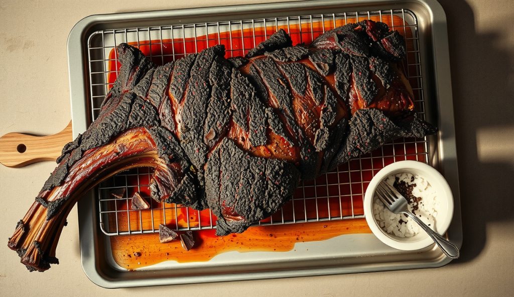 Overnight dry-brined smoked tri-tip with dramatically thick, crunchy black-pepper salt bark crust on a wire rack, crust texture visibly deeper and more pronounced than standard, salt and pepper bowl alongside.