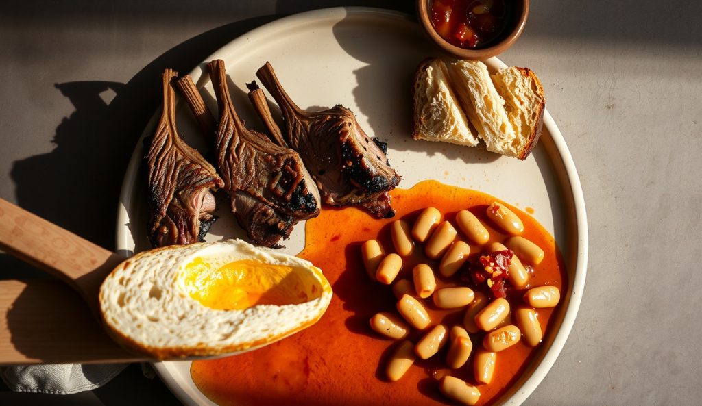 Traditional Santa Maria plate with sliced smoked tri-tip alongside pinquito beans slow-cooked in tomato and bacon broth, grilled bread and salsa fresca completing the classic regional pairing.