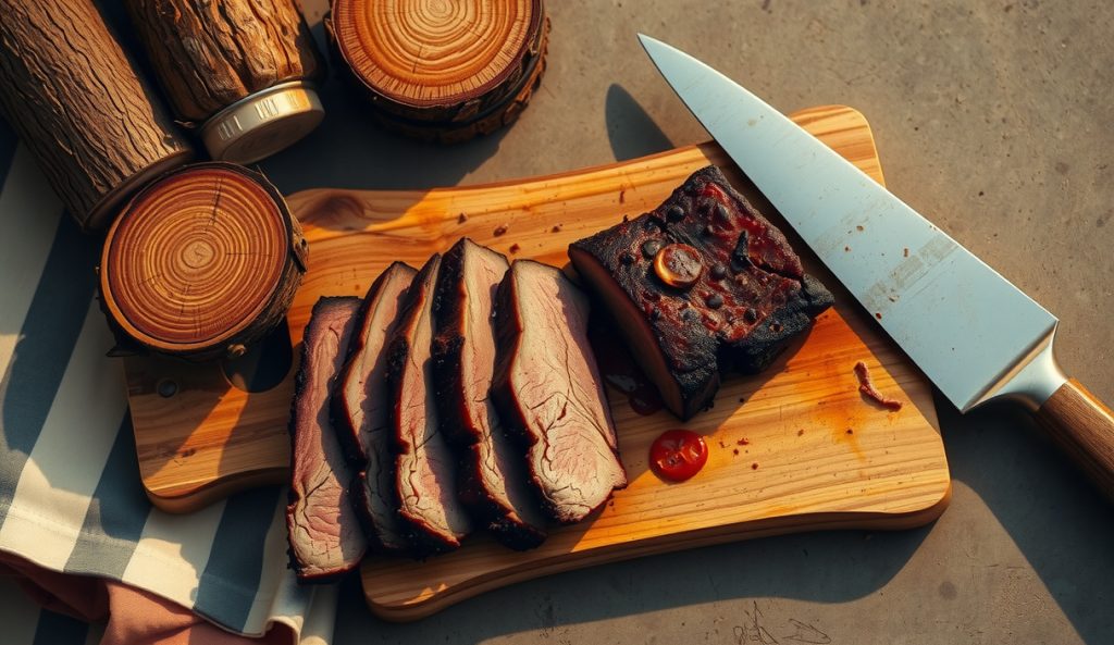 Sliced Santa Maria tri-tip showing smoke ring on cutting board, with white oak and post oak wood chunks prominently displayed alongside as red oak substitutes, regional wood swap composition.