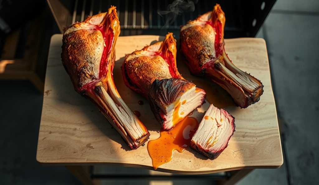 Three whole smoked tri-tip roasts resting on a weathered butcher block, each with visible smoke ring and pepper bark, scaled-up cook for a crowd, one roast partially sliced, probe thermometers visible.