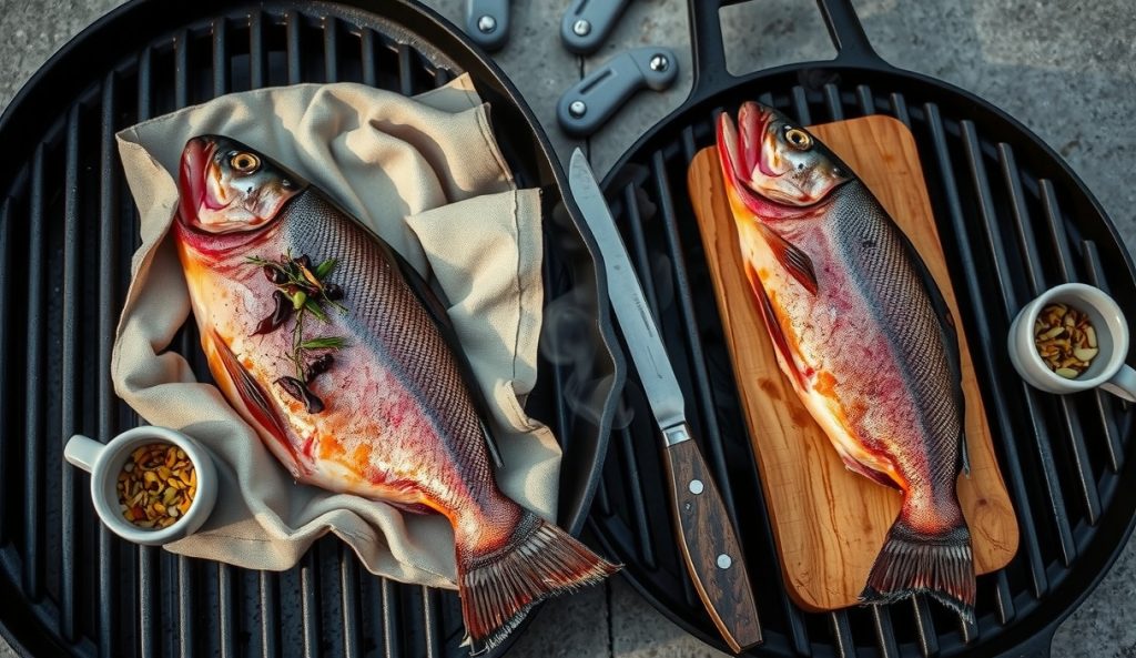 Two whole smoked rainbow trout on pellet grill grates — one with juniper and white pepper for the Scandinavian brine build, one on a cedar plank for the Pacific Northwest build variant.