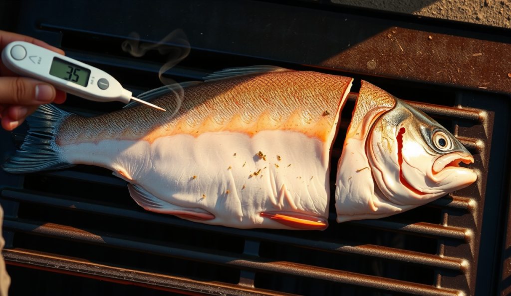 A butterflied rainbow trout opened flat and spine-removed on pellet grill grates, pale pink flesh just opaque with smoke pellicle at edges — the butterflied flat format variant with faster cook time.