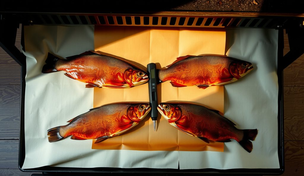 Four whole smoked rainbow trout spaced across two pellet grill grate levels with probe thermometers inserted, showing the crowd-scaling spacing discipline variant.