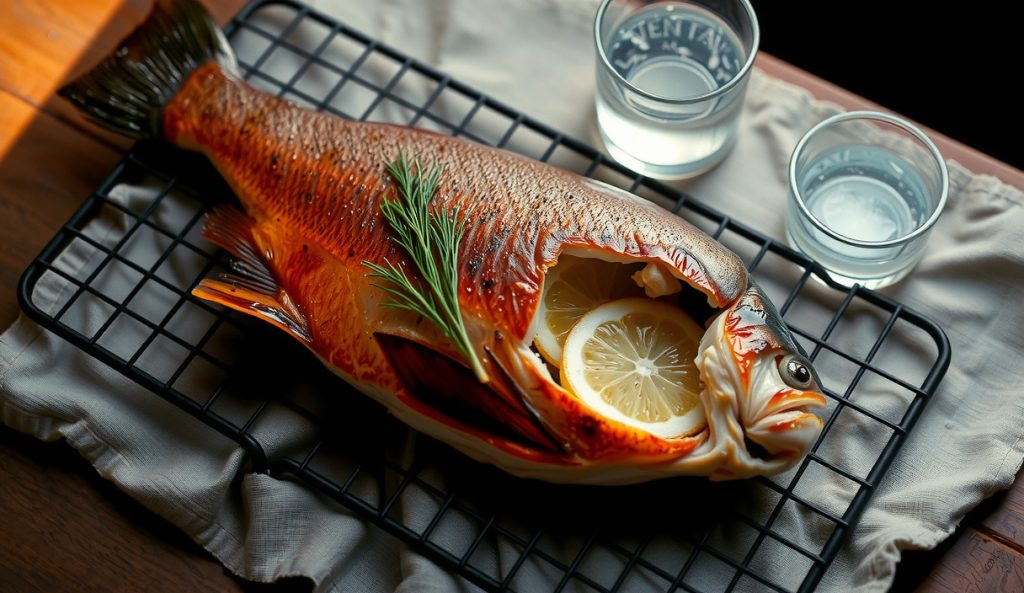 Whole smoked rainbow trout on a blackened wire rack with copper-bronze lacquered skin, clean flake visible at the split lateral line, smoke ring at the flesh edge, dill and lemon inside the cavity, alder smoke haze above.