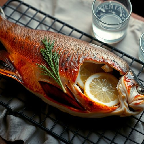 Whole smoked rainbow trout on a blackened wire rack with copper-bronze lacquered skin, clean flake visible at the split lateral line, smoke ring at the flesh edge, dill and lemon inside the cavity, alder smoke haze above.