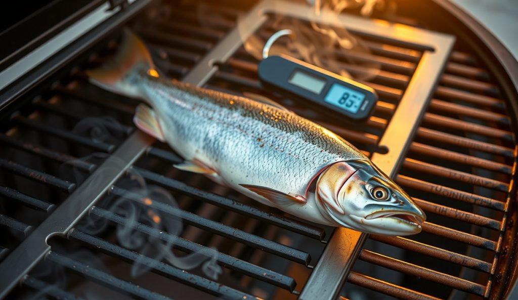 Whole rainbow trout on pellet grill at hot-smoke temperature, flesh fully cooked and flaking with deep amber pellicle and crinkled caramelized skin — the hot-smoked method variant.