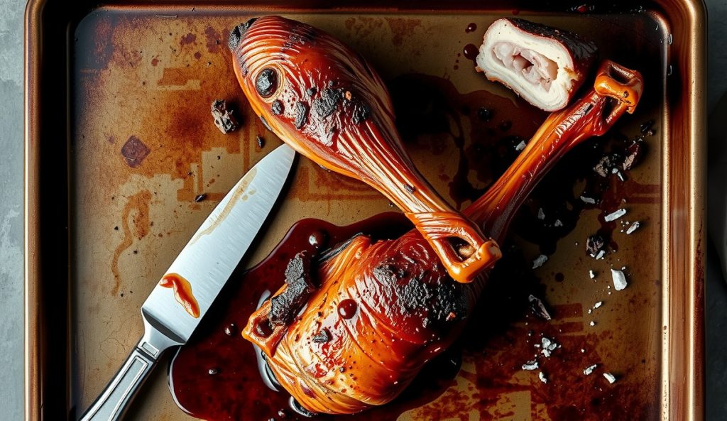 Two massive mahogany-barked smoked turkey legs on a charred sheet pan, one torn open revealing cured pink interior, sticky glaze beading under side light with wisps of smoke rising.