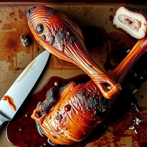 Two massive mahogany-barked smoked turkey legs on a charred sheet pan, one torn open revealing cured pink interior, sticky glaze beading under side light with wisps of smoke rising.
