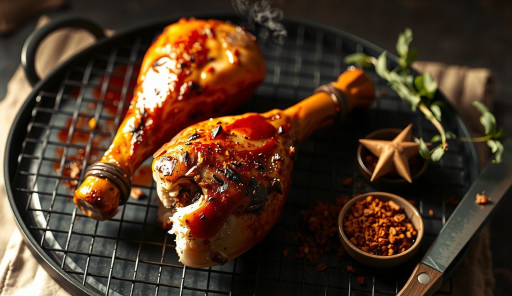 Gluten-free state-fair style smoked turkey legs on charred rack with deep mahogany bark, GF paprika-pepper rub crust, smoke ring visible on torn bite, steam rising, GF spice pile alongside on butcher block.