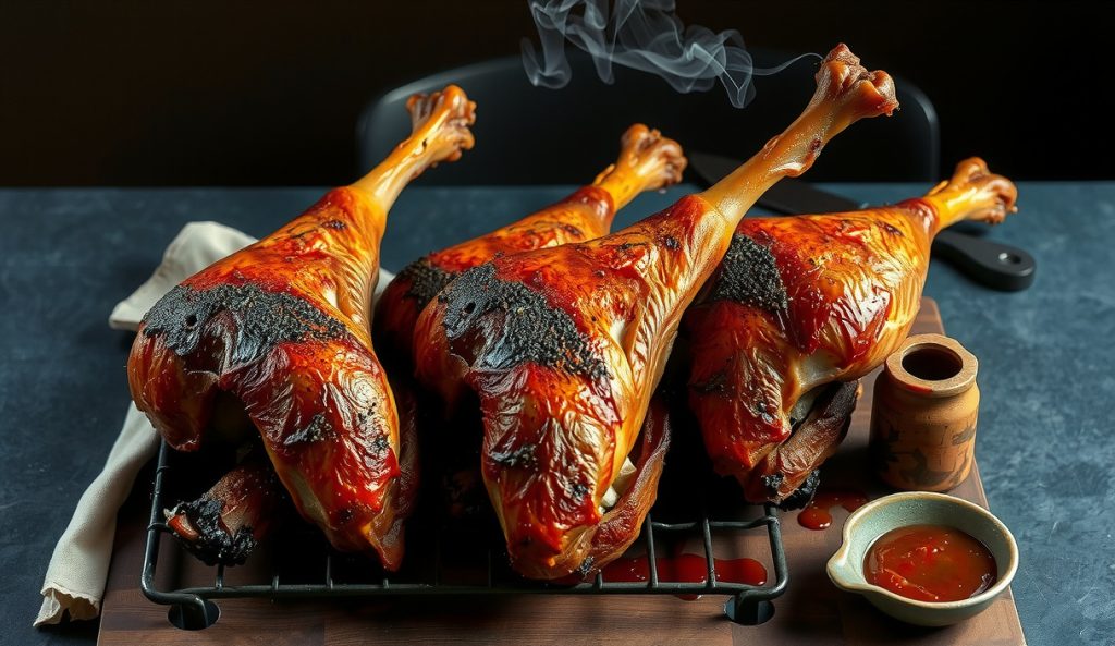 Three keto smoked turkey legs with sugar-free dry rub bark on a blackened wire rack, no glaze or sugary sauce, alongside a ramekin of sugar-free hot sauce on a weathered butcher block.