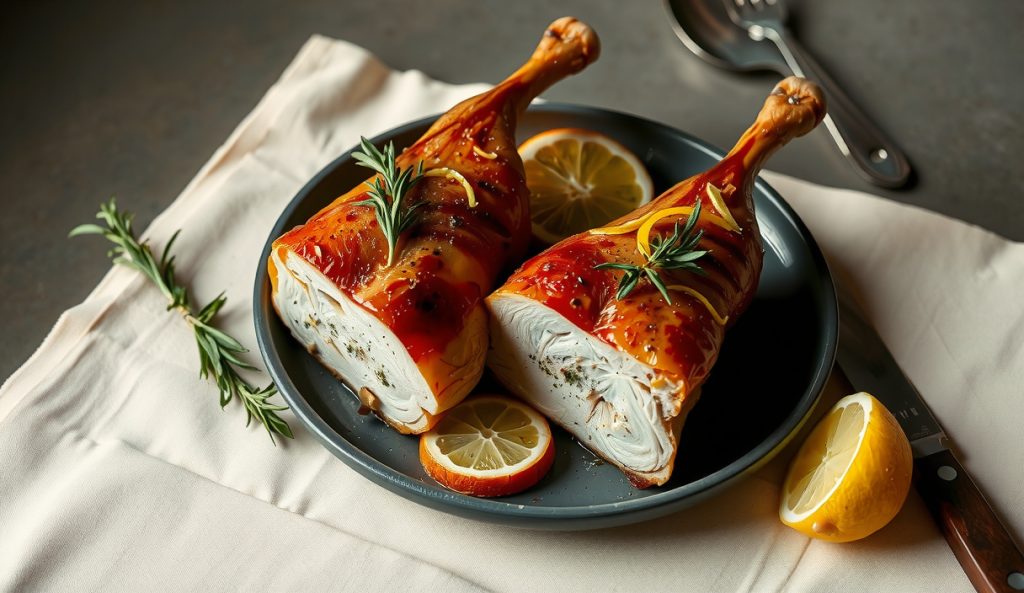 Low-sodium smoked turkey legs coated in a citrus-herb crust instead of salt-heavy rub, served on dark stoneware with lemon slices and fresh rosemary, smoke ring visible in the cross-section.