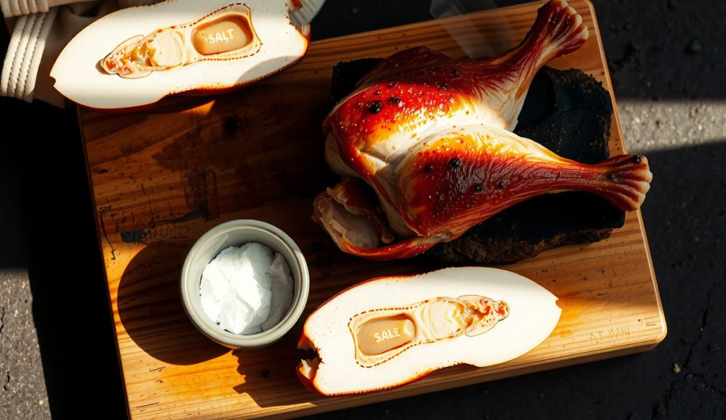 Smoked turkey legs with a natural golden-brown uncured exterior on a butcher block, showing the lighter color profile of the no-nitrite version compared to a classic pink-cured state-fair leg.