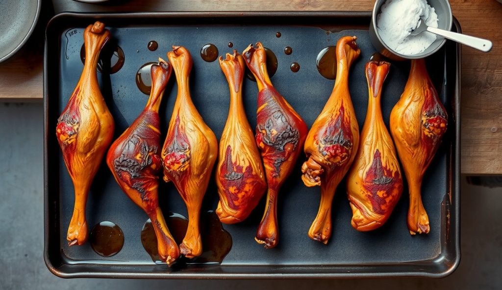 Eight smoked turkey legs arranged in two rows on a large charred sheet pan overhead view, with a brine container at the edge, illustrating the scaled-up crowd-size party batch.