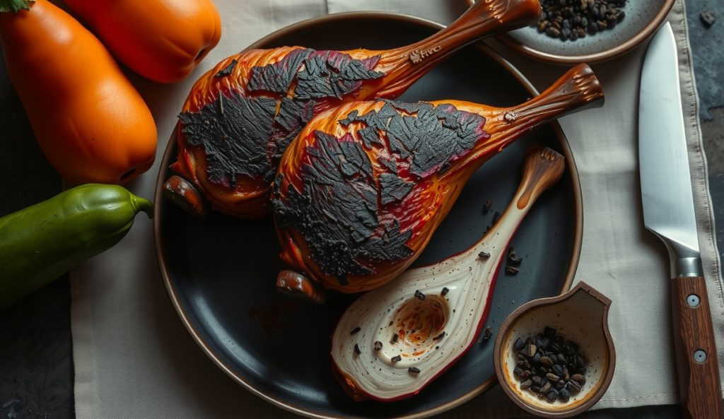 Smoked turkey legs with a heavily spiced near-black bark of coarse black pepper and smoked paprika on dark stoneware, with a mortar of spices highlighting the spice-forward crust variant.