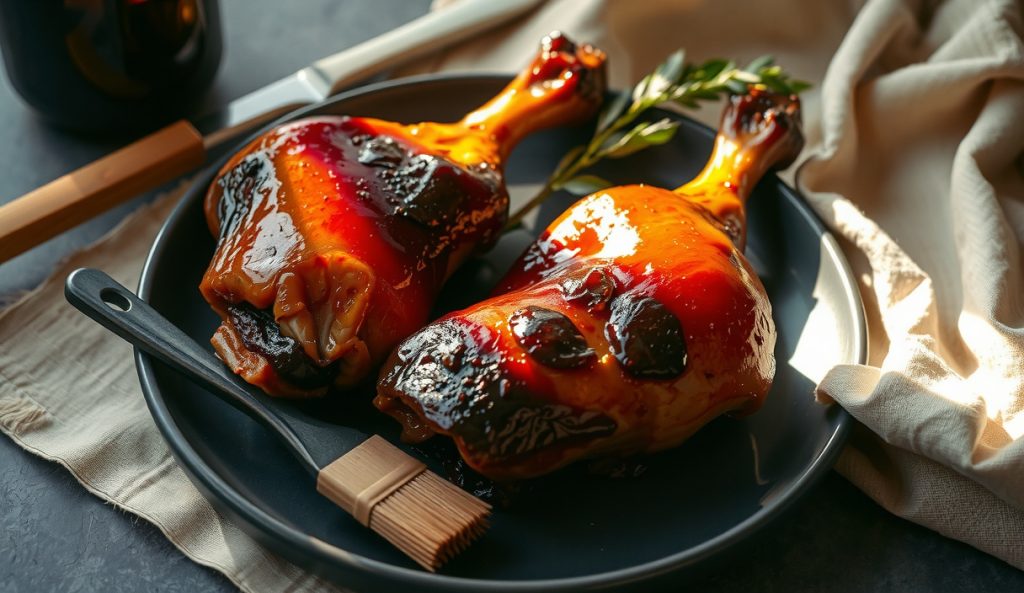 Smoked turkey legs with a glossy lacquered molasses-vinegar glaze finish on dark enamelware, showing the candy-like caramelized shell applied in the final cook minutes for the sweet glaze variant.