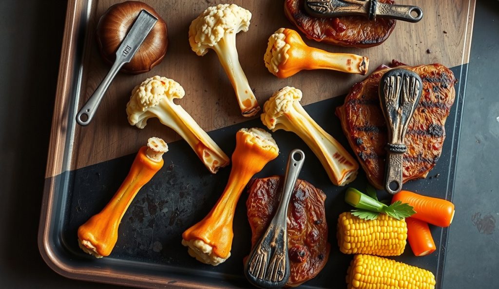 Vegetarian companion to smoked turkey legs: large smoked portobello mushrooms and cauliflower steaks on skewers mimicking turkey leg shape, with paprika dry rub char on a charred sheet pan.