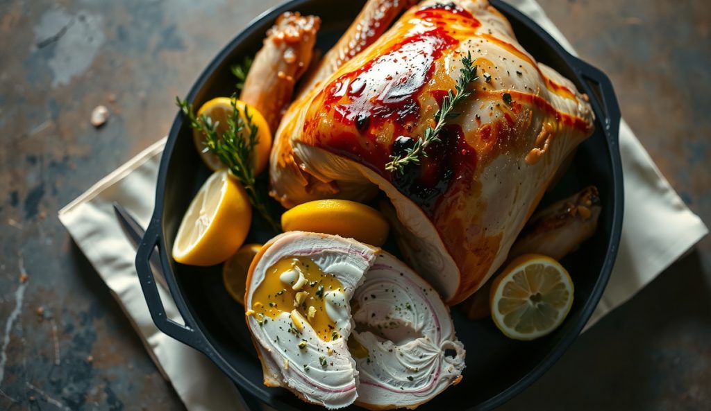 Smoked spatchcocked turkey with citrus herb compound butter variation, showing butter melting and pooling visibly under the skin, with thyme sprigs and lemon zest scattered across the golden-brown surface.