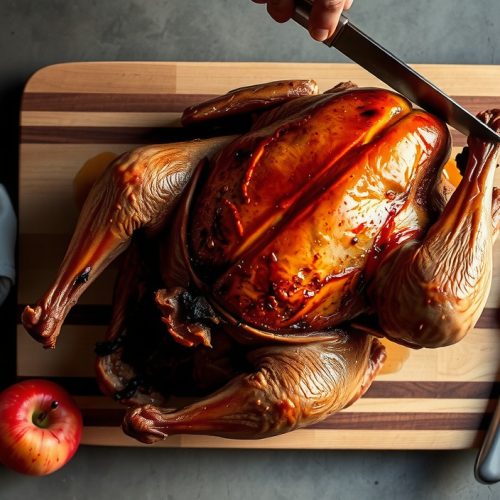 A spatchcocked smoked whole turkey on a weathered butcher block, evenly lacquered mahogany skin flattened across the board, one thigh being carved showing a smoke ring, steam rising with scattered sage and crabapples.