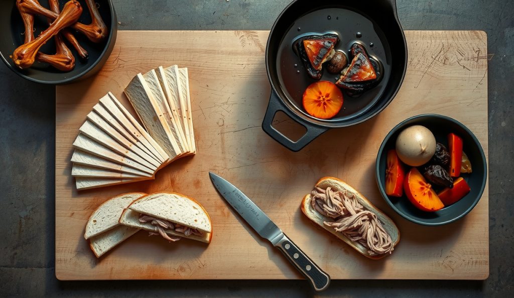 Butcher block showing multiple leftover uses of spatchcocked smoked turkey — thinly sliced breast for sandwiches, pulled thigh meat in a bowl, and roasted carcass simmering for stock.
