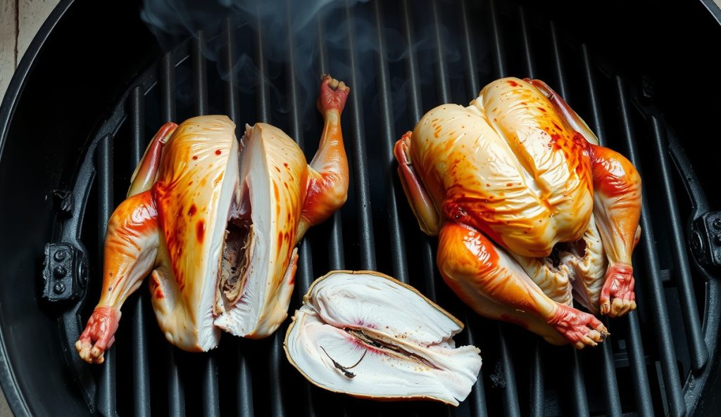 Two split turkey halves and a smaller whole spatchcocked bird on smoker grates, showing the scaling technique — split halves for large birds and small-bird format for birds under 12 pounds.