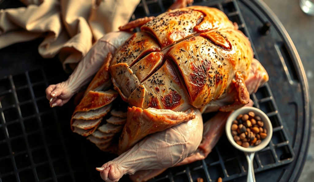 Spatchcocked smoked turkey with a Texas-style bark rub showing dense black-pepper and smoked paprika crust, deep Maillard color, and a visible smoke ring in a carved breast cross-section.