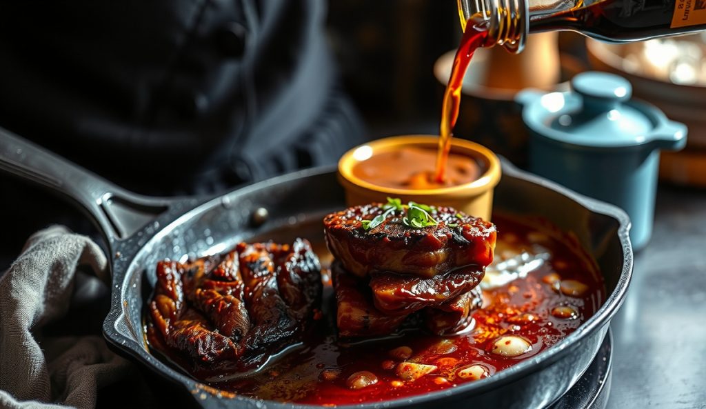 Sous vide beef cheek finishing in a screaming-hot cast iron skillet with a red wine bag-liquid reduction, showing the braise-finish variation with no smoker — deep Maillard crust and bubbling pan sauce visible.