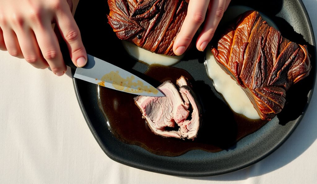 Sous vide smoked beef cheeks sliced on dark stoneware showing oak bark crust, silky collagen-gelatin interior, visible smoke ring, and a lip-coating gelatin sheen with steam rising from the cut.