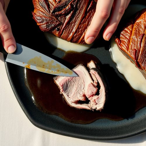 Sous vide smoked beef cheeks sliced on dark stoneware showing oak bark crust, silky collagen-gelatin interior, visible smoke ring, and a lip-coating gelatin sheen with steam rising from the cut.
