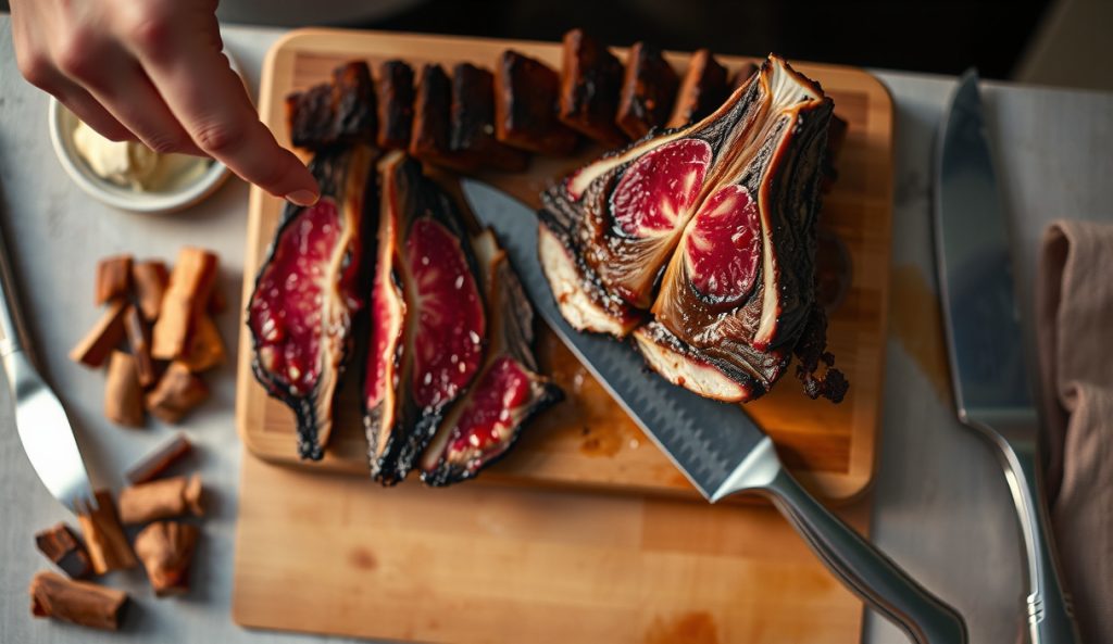 Sous vide smoked beef cheeks with a Central Texas post-oak smoke ring and black pepper bark, post oak chunks and binchotan charcoal displayed alongside to represent regional smoke profile variations on a dark stoneware board.