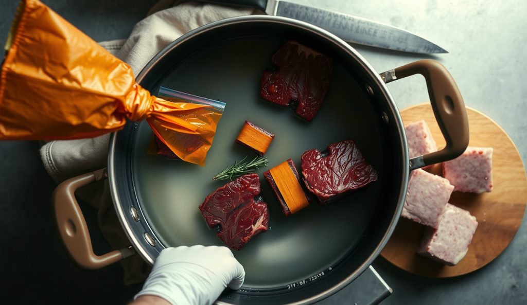 Four beef cheeks in individual vacuum-sealed bags properly spaced in a large sous vide bath with a circulator, showing the critical circulation spacing for scaling up the cook without uneven collagen conversion.