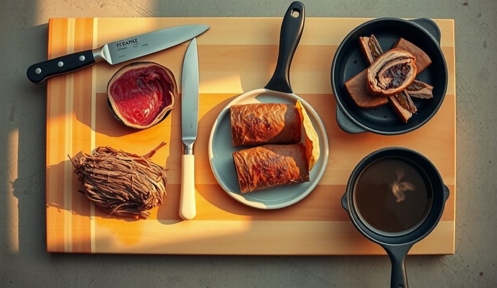 Four serving format variations of sous vide smoked beef cheeks arranged on a butcher block: thick-sliced, shredded, pressed for torta, and re-thermalized in cast iron with jus, showing the versatility of high-gelatin cheeks.