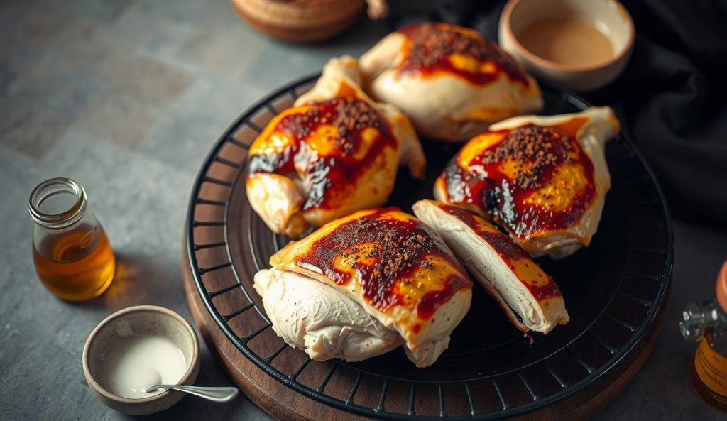 Boneless skinless sous vide smoked chicken breasts with a full spice-rub bark coating and no skin, showing the oiled surface grip and moist interior in a sliced cross-section on a blackened wire rack.