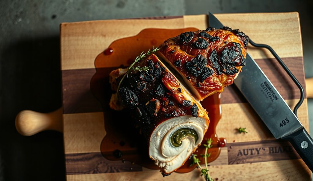 Sous vide smoked chicken breast sliced on a butcher block showing crackling smoke-bronzed skin, edge-to-edge juicy pale-pink interior at 145°F, and a visible smoke ring beneath the skin.