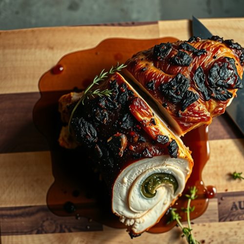 Sous vide smoked chicken breast sliced on a butcher block showing crackling smoke-bronzed skin, edge-to-edge juicy pale-pink interior at 145°F, and a visible smoke ring beneath the skin.