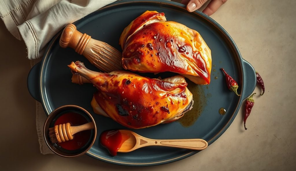 Sous vide smoked chicken breasts finished with a glossy honey-chipotle lacquer glaze, deep amber-red caramelized coating catching light on a dark stoneware plate, glaze brush and chipotle peppers alongside.