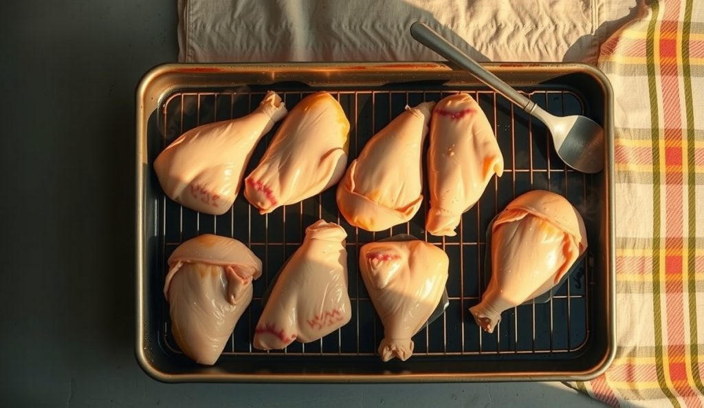 Six to eight sous vide chicken breast halves sealed in separate bags arranged in a large circulating water bath, showing the scaling setup for cooking a crowd without changing temperature or timing.