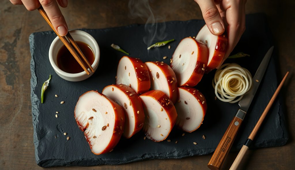 Asian-style chashu pork belly rounds with soy-mirin lacquer sheen and reduced bag liquid glaze on dark slate, topped with sesame seeds and scallion, showing the Korean-inspired no-smoke variation built for ramen and bao.