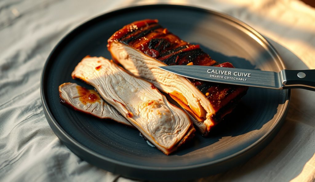 48-hour sous vide cold-smoked pork belly sliced on stoneware, alternating fat and lean layers rendered to gelatin translucence, with caramelized sear crust, apple wood smoke ring, and rendered fat beading on the cut face.