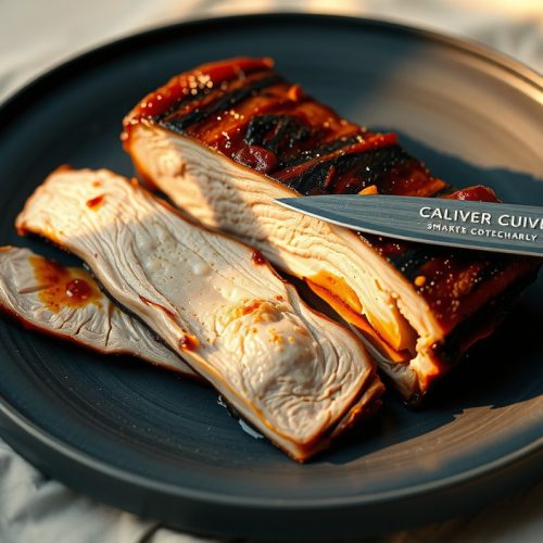 48-hour sous vide cold-smoked pork belly sliced on stoneware, alternating fat and lean layers rendered to gelatin translucence, with caramelized sear crust, apple wood smoke ring, and rendered fat beading on the cut face.