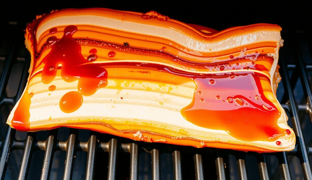Sous vide pork belly with a hot-smoked finish showing a rendered fat cap, real smoke ring cross-section, and honey-soy lacquer glaze on smoker grates at 250 degrees with drifting smoke, traditional BBQ appearance with precision backing.
