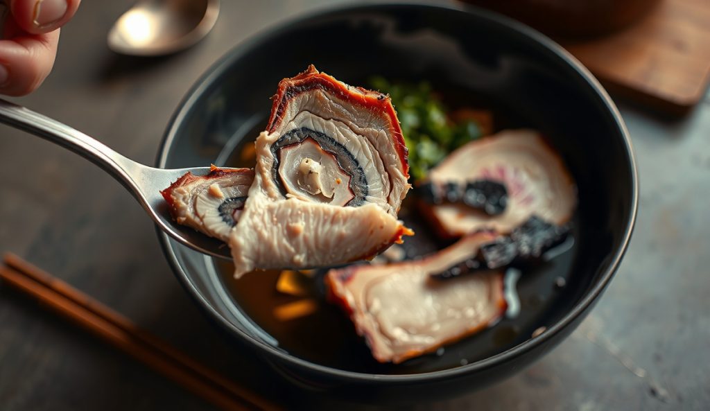 Sous vide pork belly after a 60-hour low-slow cook showing near-total collagen conversion, silky translucent fat, and extreme tenderness with slices draped over a spoon beside a ramen bowl with steam rising.