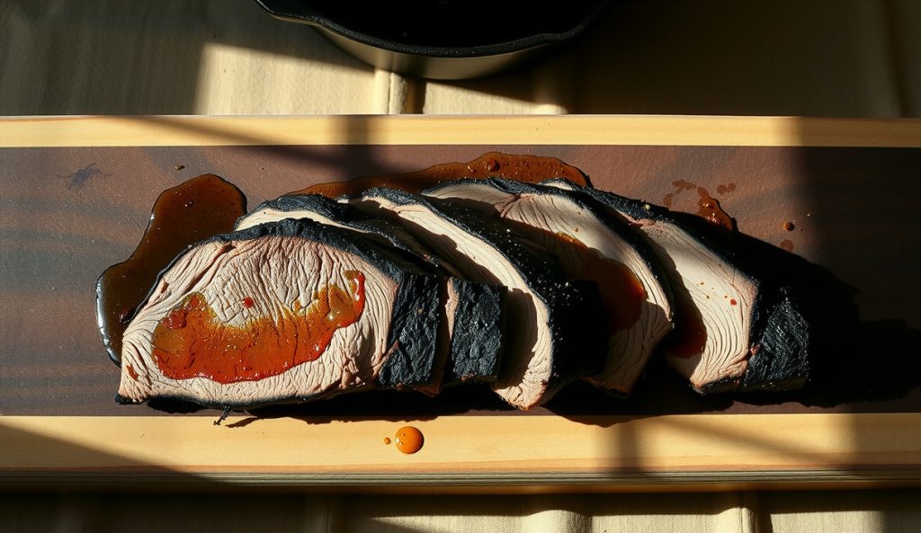 Sous vide then seared brisket flat sliced on a butcher block showing dark cast-iron bark contrasting with edge-to-edge even pale interior, gelatin sheen on slices, and juice pooling on the board.