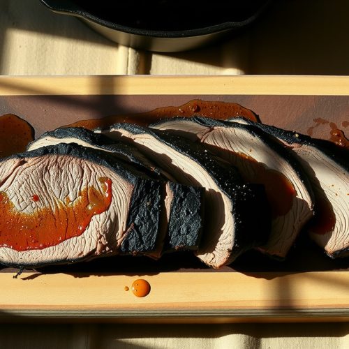 Sous vide then seared brisket flat sliced on a butcher block showing dark cast-iron bark contrasting with edge-to-edge even pale interior, gelatin sheen on slices, and juice pooling on the board.