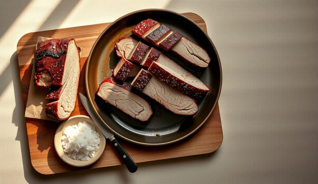 Low-sodium sous vide seared brisket flat sliced on dark stoneware with a pinch bowl of smoked salt and halved kosher salt showing the substitution, smoke ring visible in cross-section, with restrained seasoning crust.