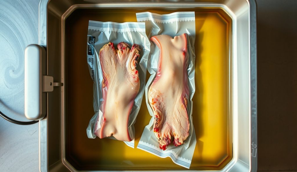 Two brisket flats in separate vacuum-sealed bags arranged side by side in a large sous vide bath with circulator, showing the scaling-up setup where piece count not total mass determines the 30-hour cook window.