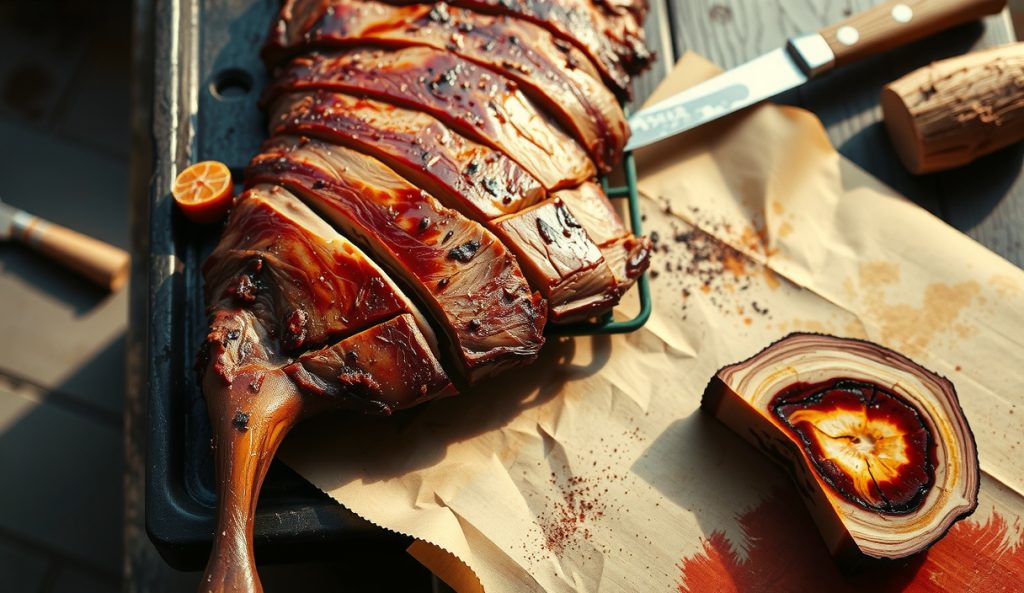 Sous vide brisket flat finished over post oak in an offset smoker showing a true Central Texas smoke ring and salt-and-pepper bark, post oak wood visible beside the smoker, no cast-iron sear marks — pure Texas smoked finish.